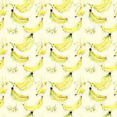 Wall Mural - Seamless pattern with bananas on yellow background, hand painted watercolor, summer tropical fruit, summer party, ripe banana, bananas bunch, 300 dpi 