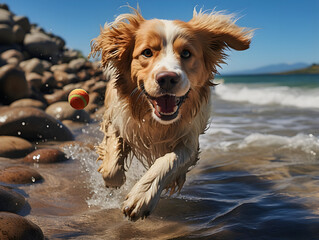 Canvas Print - Dog is running on the beach with a tennis ball
