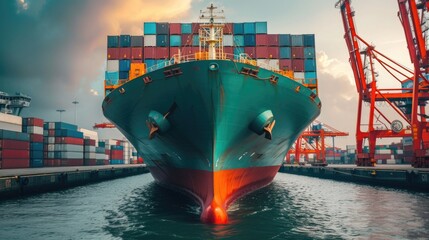 Aufkleber - A large cargo ship is docked at a dock. This image can be used to depict transportation, shipping, or the logistics industry
