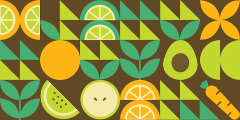 Green geometric mosaic seamless pattern illustration. Organic fruit vegetable geometric pattern. Natural food background creative simple bauhaus style, agriculture vector design. Healthy Food pattern