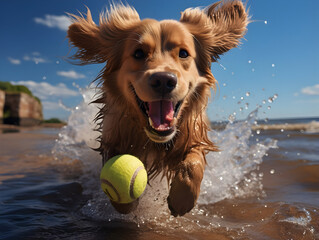 Wall Mural - Dog is running on the beach with a tennis ball