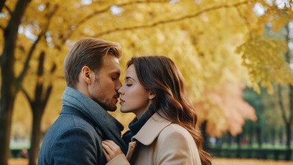 A multicultural couple shares a close embrace amidst the vivid fall foliage of an urban park during golden hour.