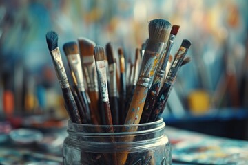 Poster - A collection of paint brushes neatly arranged in a jar on a table. Perfect for art and creativity projects