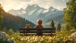 a child sitting on a bench, cuddling a toy bear, while gazing at the majestic spring mountains in the background, encapsulating the essence of summer fun and active outdoor recreation with children.