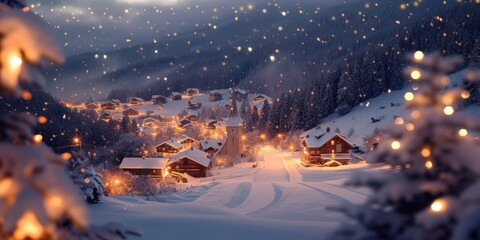 Aufkleber - A serene and picturesque snowy night with a village in the background. Perfect for winter-themed projects or holiday designs