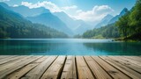 Fototapeta Przestrzenne - an empty wooden tabletop set against the backdrop of a serene lake and majestic mountains, inviting viewers to immerse themselves in the beauty of nature's scenery.