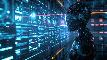 Wall Mural - robot in the data center of data, in the style of futuristic fragmentation, realistic hyper-detailed rendering, light-focused