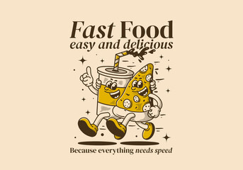 Wall Mural - Fast food, easy and delicious. Character illustration of running pizza and soft drink