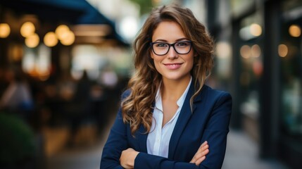 Wall Mural - cute business woman in glasses posing for the camera in the city