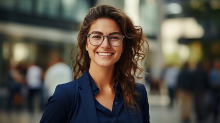 Wall Mural - cute business woman in glasses posing for the camera in the city