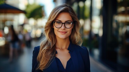 Wall Mural - cute business woman in glasses posing for the camera in the city