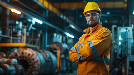 Portrait of Industry maintenance engineer man wearing uniform and safety hard hat on factory station. Industry, Engineer, construction concept