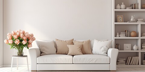 Wall Mural - Bright room with white sofa, coffee table, flowers, and books.