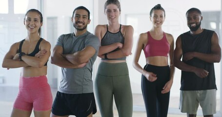 Canvas Print - Group of Athletes, face or arms crossed in gym for fitness workout, exercise or healthy wellness. Portrait, teamwork and happy sports people ready for a training class with confidence, pride or smile