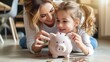 © lililia - a happy child and young mother saving money together, as they deposit cash into a ceramic piggy bank, showcasing the importance of teaching financial responsibility from a young age.