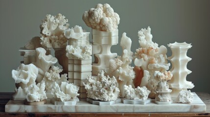 Canvas Print - A large collection of white sculptures on a table, AI