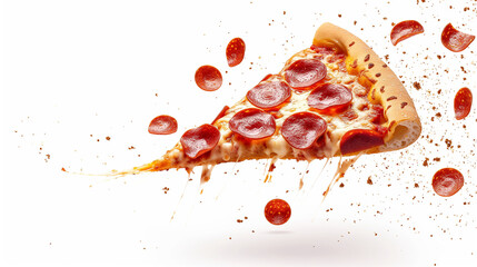 Template with delicious tasty slice of pepperoni pizza flying on white background