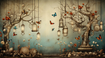 Wall Mural - Shabby chic background butterflies flowers and vintage docoration, vintage wallpaper, illustration with copy space