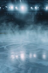 Wall Mural - Foggy ice hockey rink with dramatic spotlights. Perfect for capturing the intensity and excitement of a hockey game. Ideal for sports-related designs and marketing materials