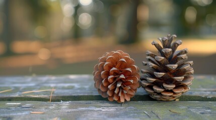 Poster - Two pine cones resting on a wooden table, suitable for rustic or nature-themed designs