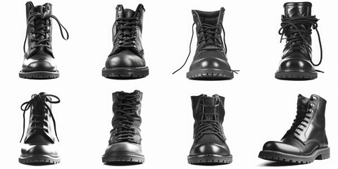 Poster - A set of six pairs of black combat boots. Versatile footwear for various occasions and outfits