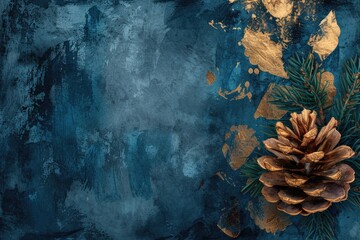 Poster - Pine cone with gold paint on a blue background. Suitable for nature, autumn, and holiday-themed designs