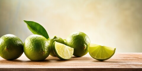 Wall Mural - Fresh Limes on a Wooden Table. Citrous Freshness. Green Sour Fruits. Generative AI