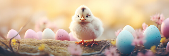 Wall Mural - Fluffy chick with pastel Easter eggs and spring blossoms banner. Panoramic web header. Wide screen wallpaper
