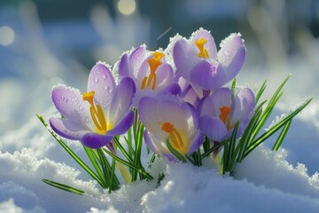 Poster - A group of purple flowers sitting on top of snow covered ground. Perfect for winter-themed designs or nature-related projects