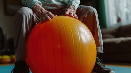 Poster - A person is seen sitting on a yoga mat with a large orange ball. This image can be used to promote fitness, yoga, and wellness activities