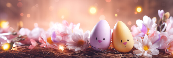 Wall Mural - Two pastel Easter eggs with faces and spring blossoms banner. Panoramic web header. Wide screen wallpaper
