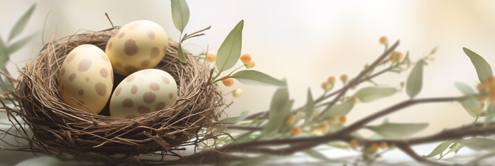 Wall Mural - Speckled Easter eggs in natural nest with fresh spring foliage banner. Panoramic web header. Wide screen wallpaper