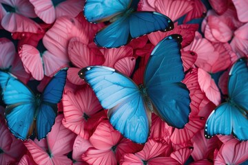 Poster - Blue and pink butterflies stacked on top of each other. Perfect for adding a touch of color and nature to any project
