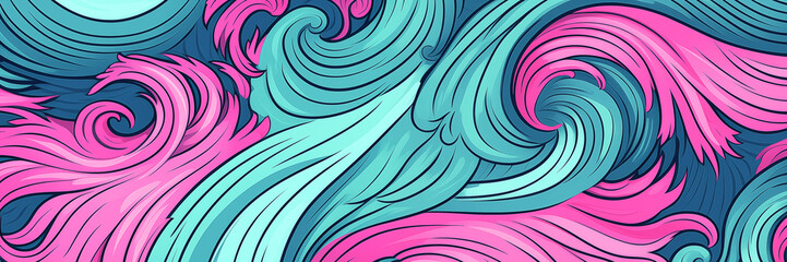 Wall Mural - Vibrant pink and teal swirls in dynamic abstract design background banner. Panoramic web header. Wide screen wallpaper