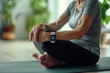Aufkleber - A woman sitting on a yoga mat with a watch on her wrist. This picture can be used to depict a person practicing yoga and keeping track of time during their session