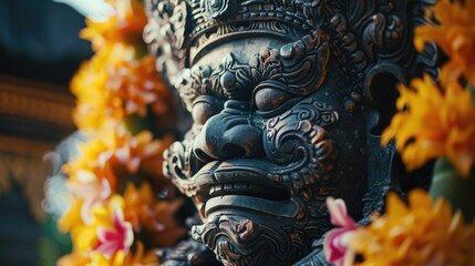 Poster - A close up view of a statue with colorful flowers surrounding it. Perfect for adding a touch of elegance and beauty to any project