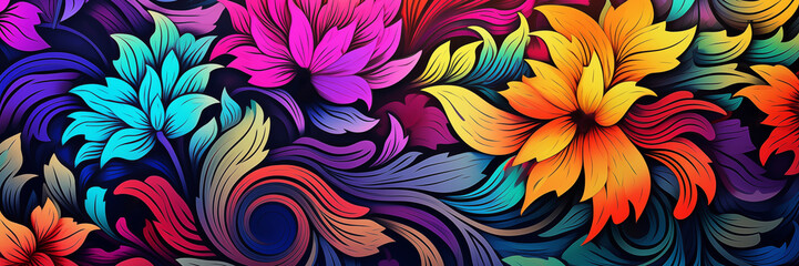 Wall Mural - Digital psychedelic pattern of swirling flowers banner. Floral swirls abstract background. Panoramic web header. Wide screen wallpaper