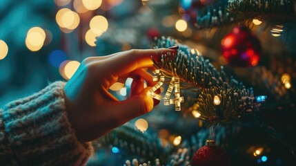 Poster - A person holding a string of lights in front of a Christmas tree. Perfect for adding a festive touch to any holiday-themed project