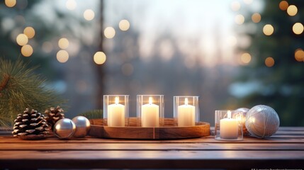 Poster - A festive wooden table adorned with candles and Christmas ornaments. Perfect for holiday decorations and cozy gatherings