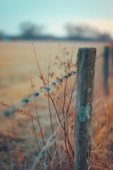 Aufkleber - barbed wire fence in a field with a clear blue sky in the background. suitable for illustrating conc