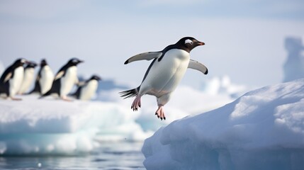 Aufkleber - Arctica Adelie penguin jumps across a river into a snow floe. Wildlife, winter of the end of the world.