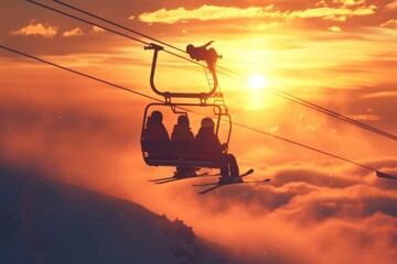 Canvas Print - A group of people enjoying a ride on a ski lift. Perfect for winter sports or vacation-themed projects