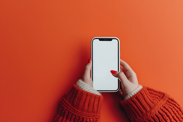 woman holding white smartphone on orange background w