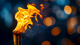 Fototapeta  - Burning torch against blurred bokeh lights, copy space. Symbol of competitions, victory, peace. Fiery torch, colorful design. Olympics background with a torch and flame