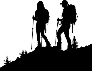 hiking silhouette vector. adventure silhouette vector. mountain hiking silhouette. people with backp