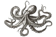 Tentacles Of An Octopus. Engraving Technique Isolated On White Background.