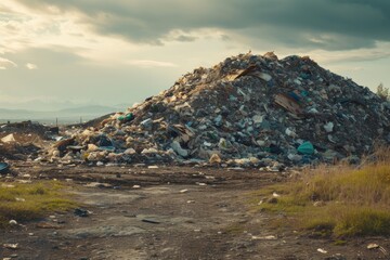 Poster - A pile of garbage sitting on top of a dirt road. Can be used to depict pollution, environmental issues, waste management, or unsanitary conditions.