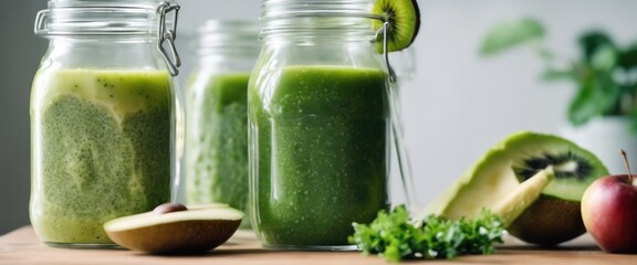 Glass jar mugs with green health smoothie, kale leaves, lime, apple, kiwi, grapes, banana, avocado, lettuce. Copy space. Raw, vegan, vegetarian, alkaline food concept. Banner.