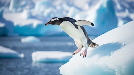 Aufkleber - One penguin jumps into the ocean from a snow floe in search of food in Antarctica. Winter, Birds, Wildlife, Arctic animals concepts.
