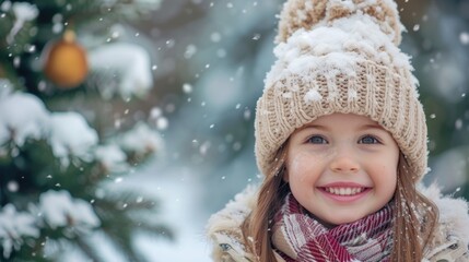 Poster - A little girl wearing a hat and scarf in the snow. Suitable for winter-themed designs and seasonal promotions